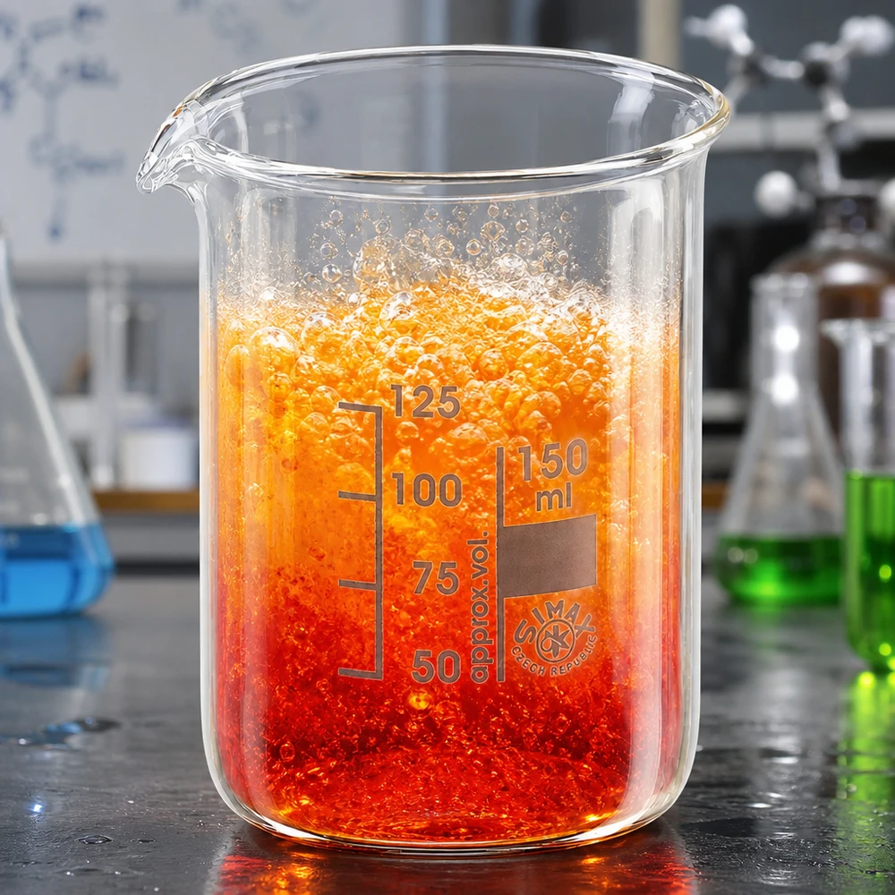 Bekerglas 150 ml van hittebestendig borosilicaatglas (laag model) Laboratoriumkwaliteit bekerglas 150ml lage vorm met oranjerode reactieoplossing en duidelijke milliliterverdeling