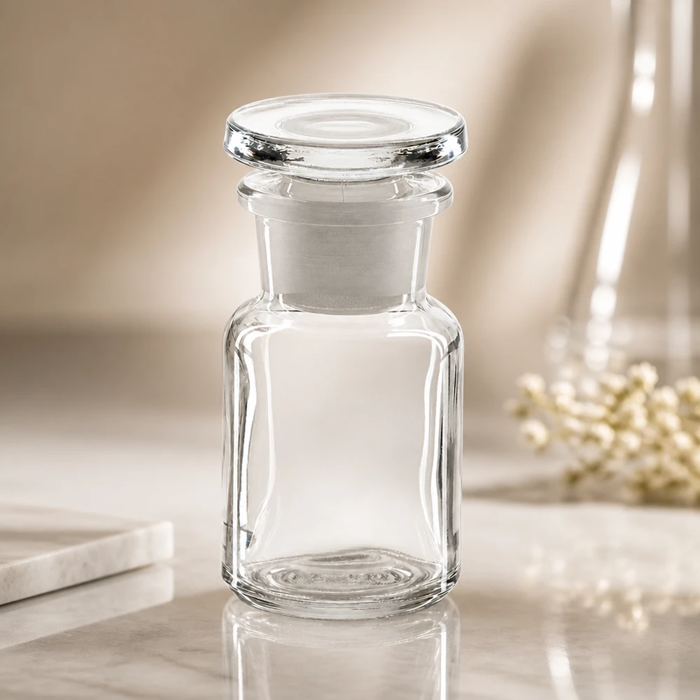 Apothekersfles 50 ml wijde hals helder glas incl. glazen stop Compacte, doorzichtige glazen fles met brede hals, 50 ml, met ingeslepen stop, voor kruiden en oliën