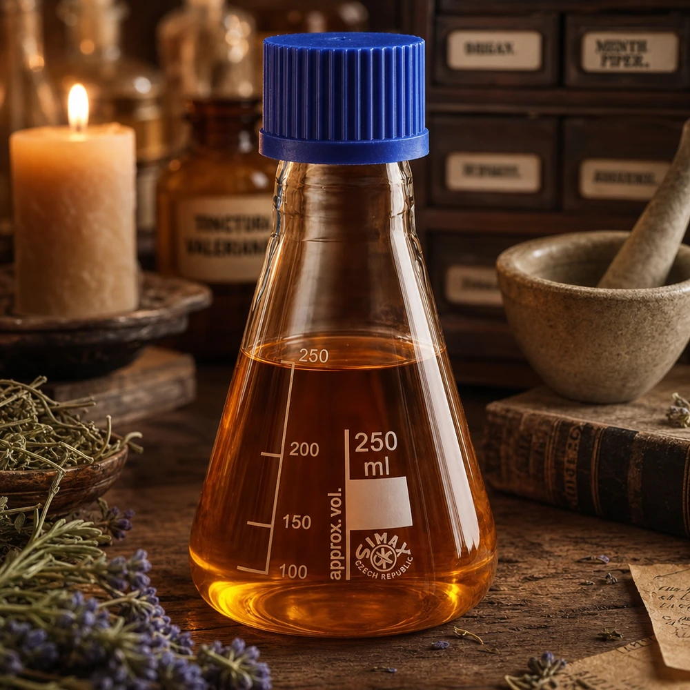 Erlenmeyer 250ml glas met nauwe hals borosilicaat met schroefdraad en sluiting Erlenmeyer 250ml van hittebestendig glas met schroefdraad voor destillatie