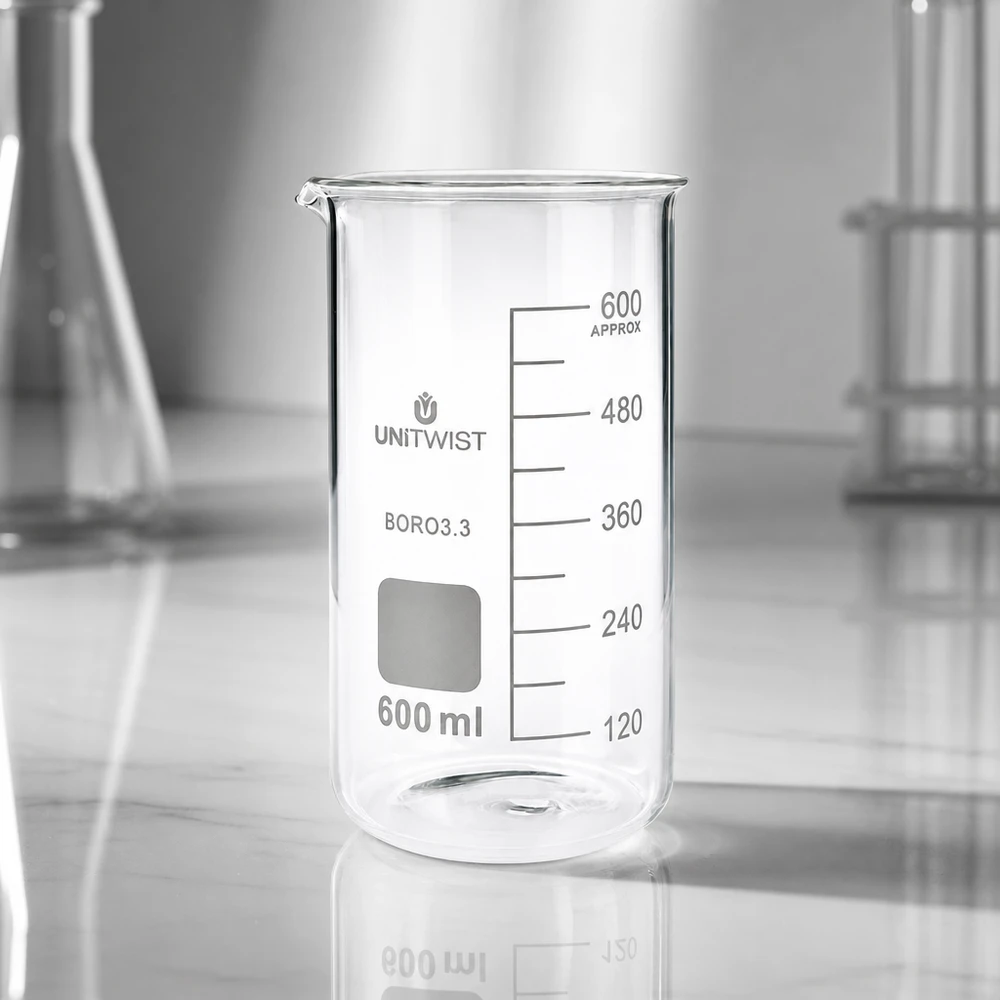 Beker 600ml borosilicaat, hoge vorm UNITWIST Becherglas 600 ml UNITWIST, hoog model, hittebestendig borosilicaatglas met witte schaalverdeling