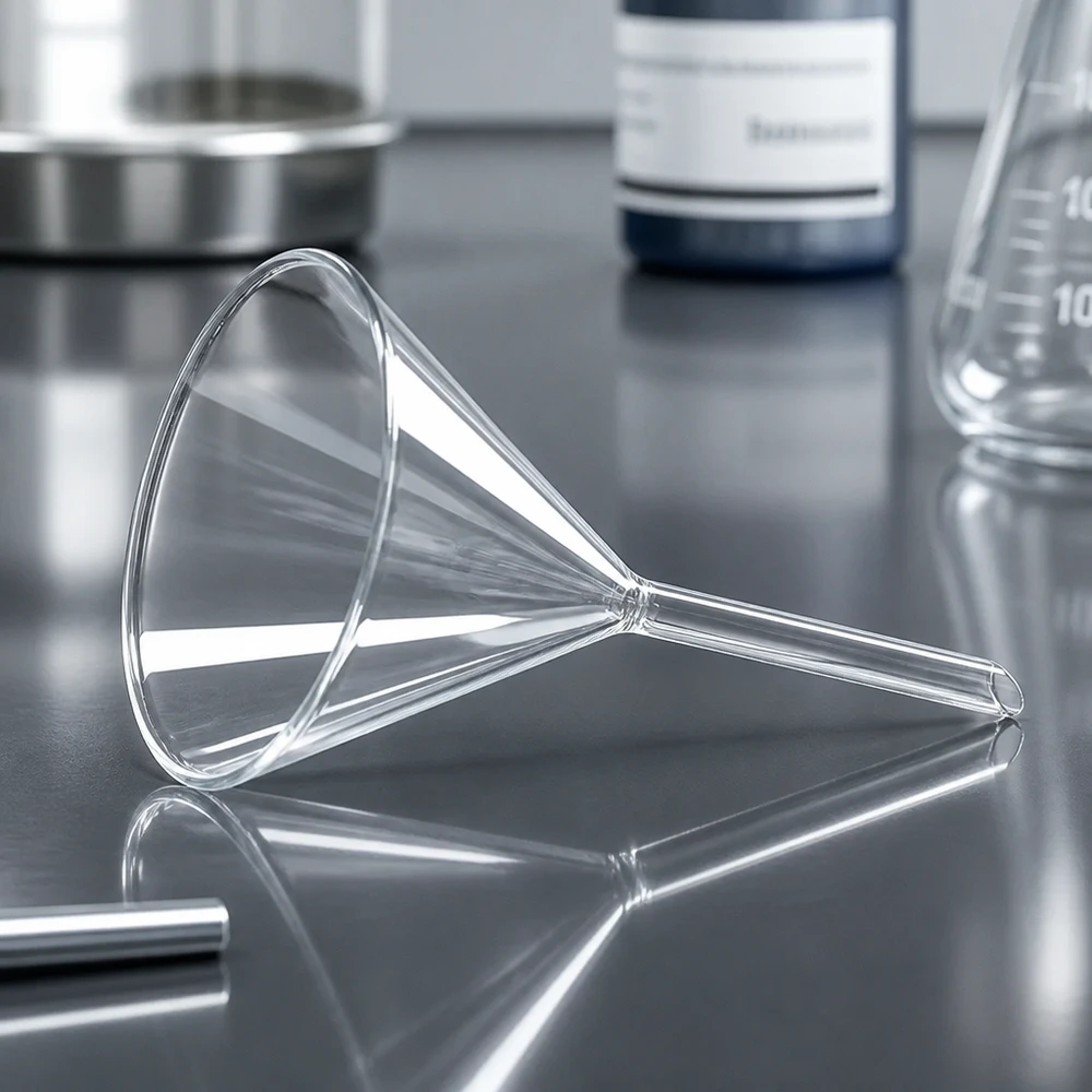 Glazen trechter Ø 80mm - kalk-soda-glas - 60° hoek Doorzichtige glazen trechter van 80 mm met een hoek van 60° voor nauwkeurig overgieten in een laboratoriumomgeving
