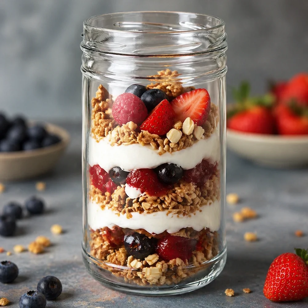 UNiTWIST bekers 1053ml TO100 gevuld met yoghurt muesli bessen gelaagd dessert als toepassingsvoorbeeld keuken