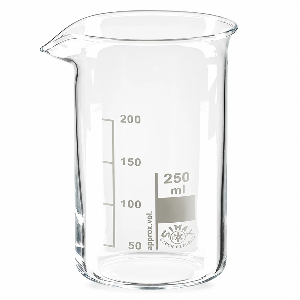Bekerglas 250 ml van hittebestendig borosilicaatglas (hoog model) Doorzichtig bekerglas, hoog model, 250 ml, voor chemische en wetenschappelijke toepassingen
