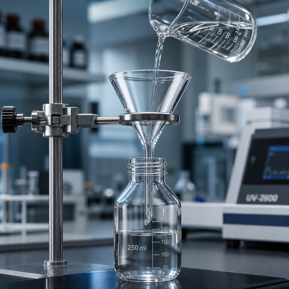 Glazen trechter Ø 40mm - kalk-soda-glas - 60° hoek Compacte 40 mm laboratoriumtrechter van soda lime glas met ruimtebesparend kort handvat voor kleine werkruimtes