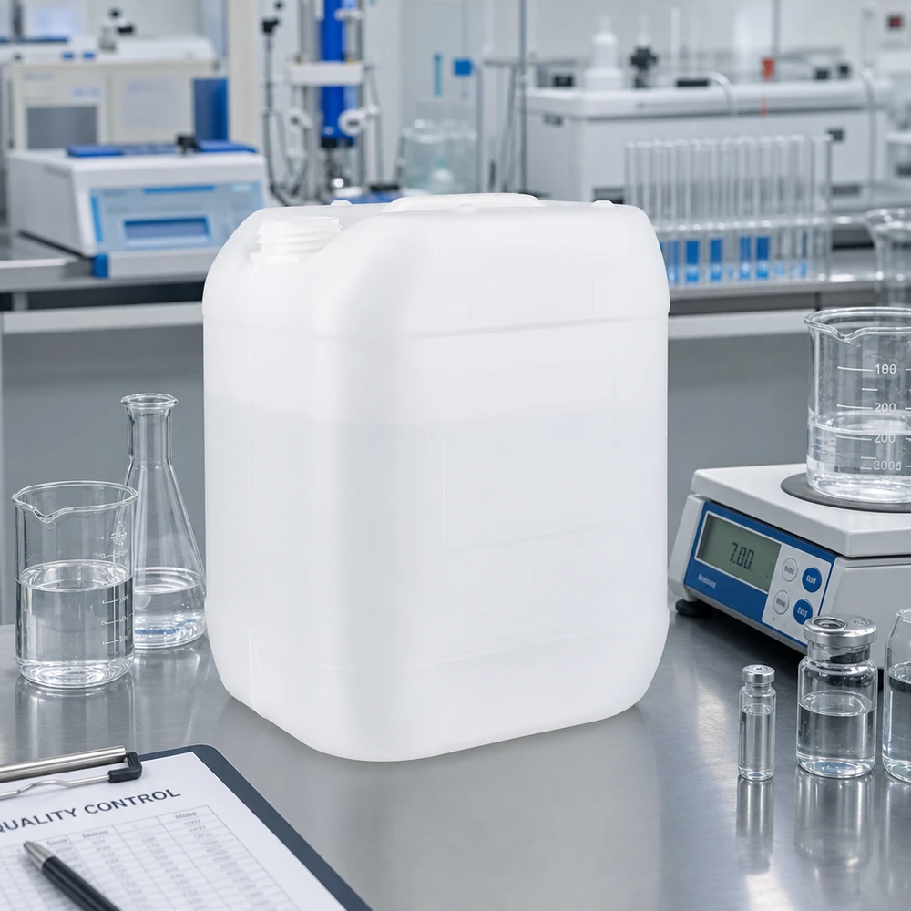 20l jerrycan, UN-toelating, zonder schroefsluiting Oplosmiddelkan van 20 liter zonder deksel, ruimtebesparend op een roestvrijstalen tafel in het laboratorium