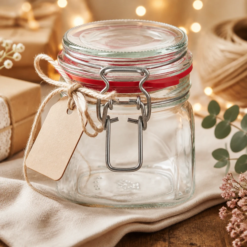 Voorraadpot type G van 370 ml met beugelsluiting UN.. Compacte voorraadpot van 370 ml met metalen handvat en decoratief kraftpapier cadeaulabel