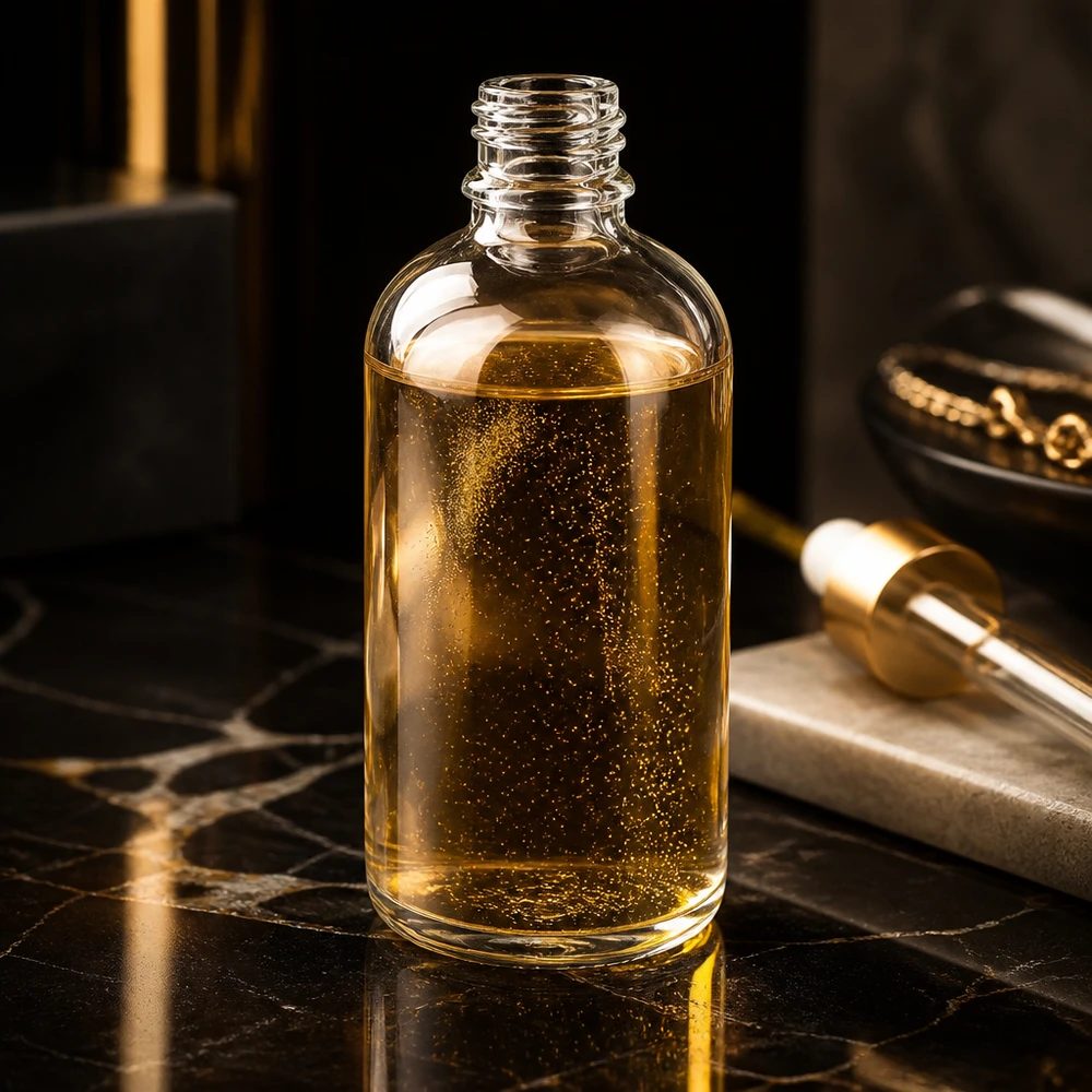 100ml apothekersfles ClearLine DIN18 UNiTWIST Doorzichtige glazen fles van 100 ml met gouden glitterolie op zwart marmer UNiTWIST ClearLine DIN18