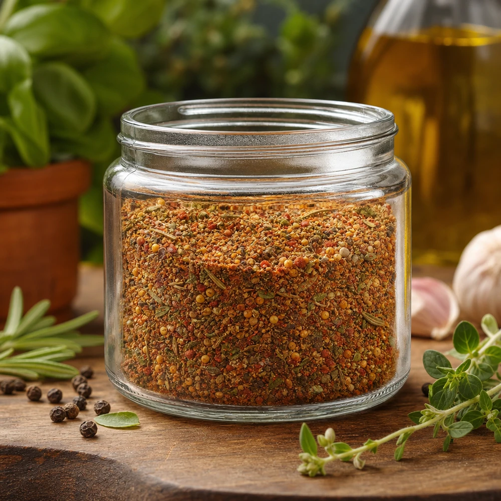 Glazen pot 250ml helder glas, zonder sluiting Glazen pot 250ml helder gevuld met kruidenmix omringd door verse kruiden knoflook en olijfolie Keuken decoratie