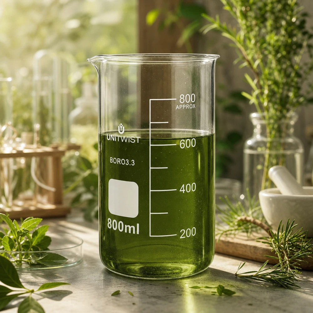 Beker 800ml borosilicaat, hoge vorm UNITWIST Doorzichtig bekerglas 800 ml UNITWIST borosilicaat, gevuld met groene natuurextracten van kruiden