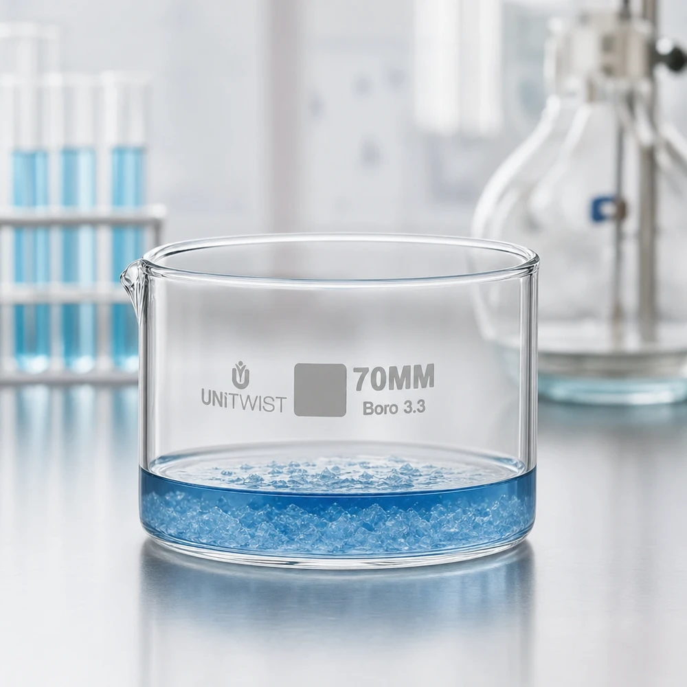 Kristalliseer schaal ø70mm borosilicaatglas UNiTWIST Lage kristallisatieschaal 70 mm UNiTWIST borosilicaatglas met gegraveerde opschrift