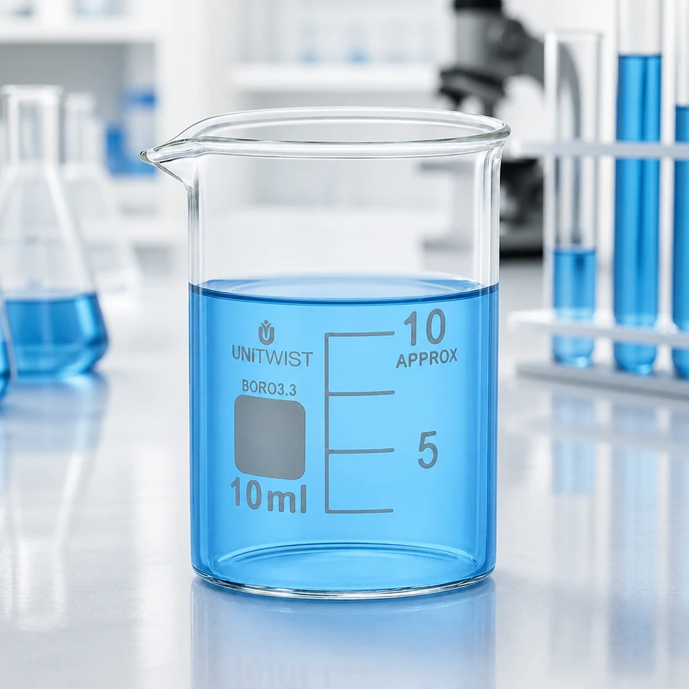 Beker 10ml borosilicaat, lage vorm UNiTWIST Becherglas van 10 ml, borosilicaatglas, voor laboratoriumproeven in de scheikunde en wetenschap