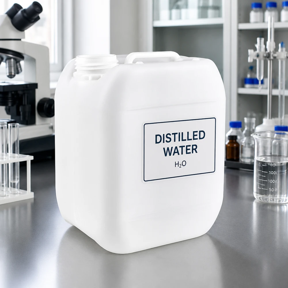 Doorzichtige witte container van 5 liter zonder sluiting, met een etiket met de tekst ‘destilleerd water’