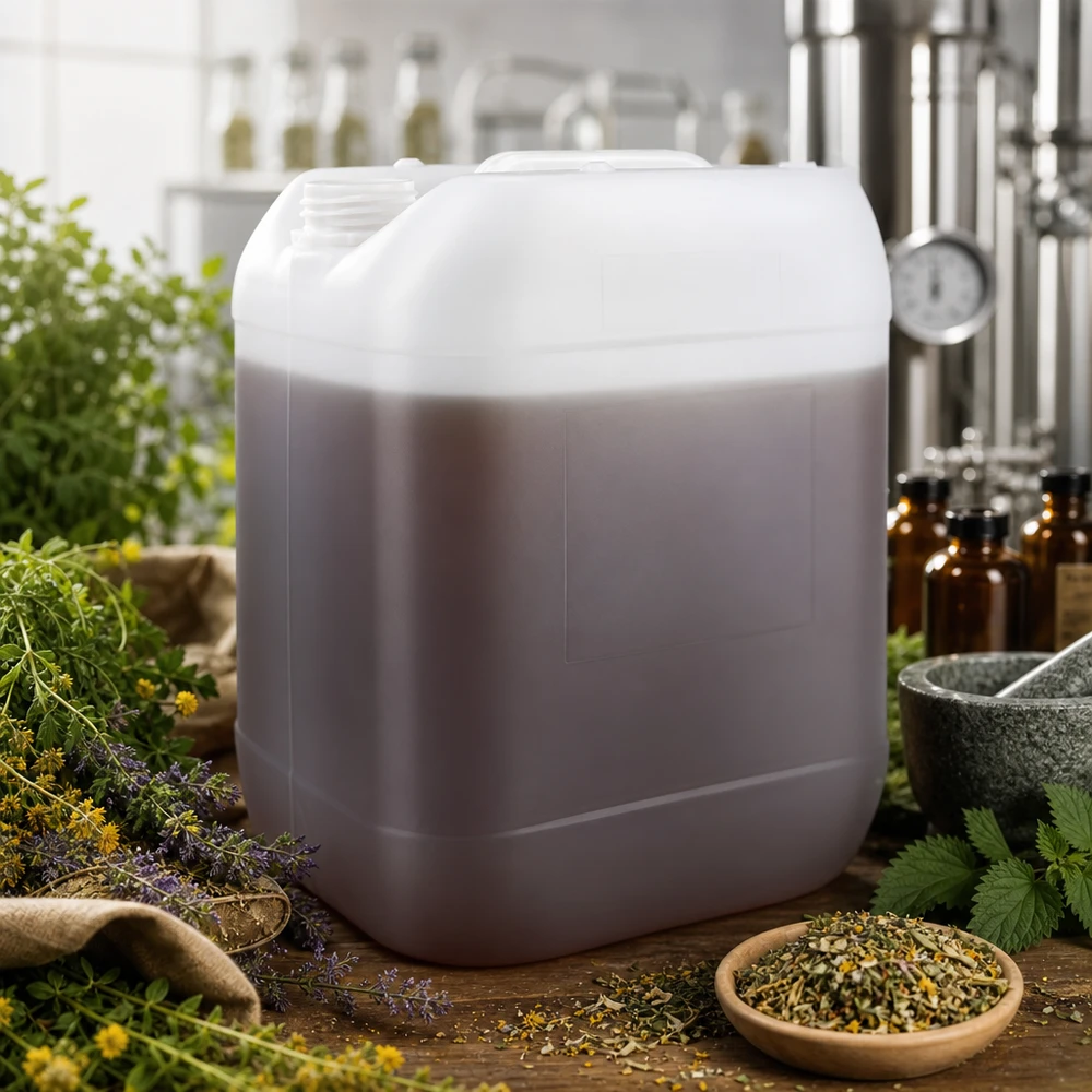 20l jerrycan, UN-toelating, zonder schroefsluiting Doorschijnende kunststofkan van 20 liter zonder sluiting naast een mortier-distilleerinstallatie en amberkleurige flessen