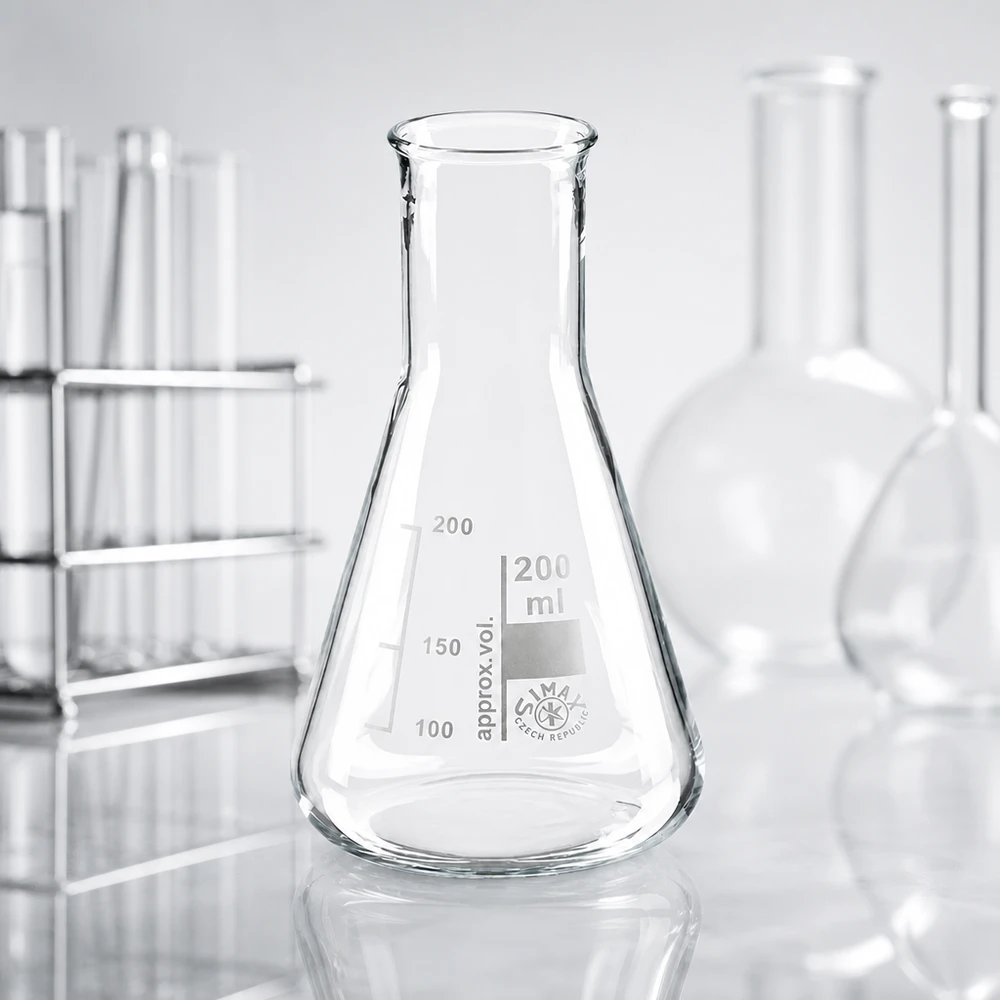 Erlenmeyer 200ml nauwe hals borosilicaat met afgeronde rand Erlenmeyer 200ml nauwe hals borosilicaat met afgeronde rand