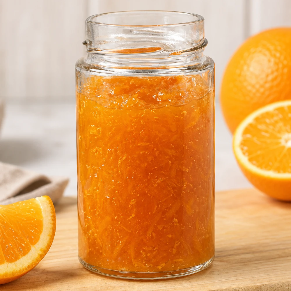 UNiTWIST Runda245 rond glas 245ml gevuld met sinaasappelmarmelade op een houten plank naast verse sinaasappelschijfjes