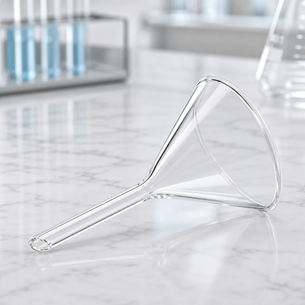 Glazen trechter Ø 55mm - kalk-soda-glas - 60° hoek Nauwkeurig vervaardigde glazen trechter met een diameter van 55 mm van hoogwaardig natronkalkglas voor laboratoriumtoepassingen