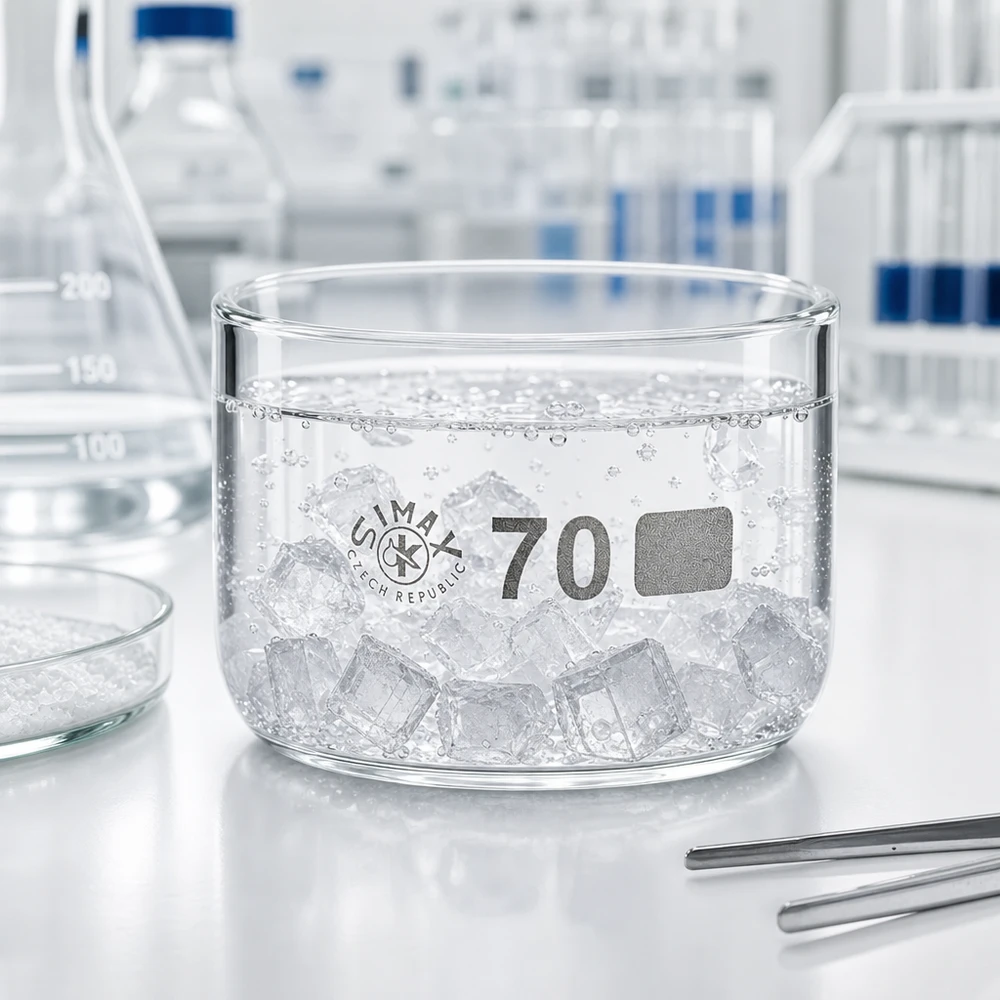 Kristalliseerschaal 100ml zonder schenktuit Vlakke, cilindrische glazen schaal van 70 mm met luchtbellen en ijs in een professionele laboratoriumomgeving