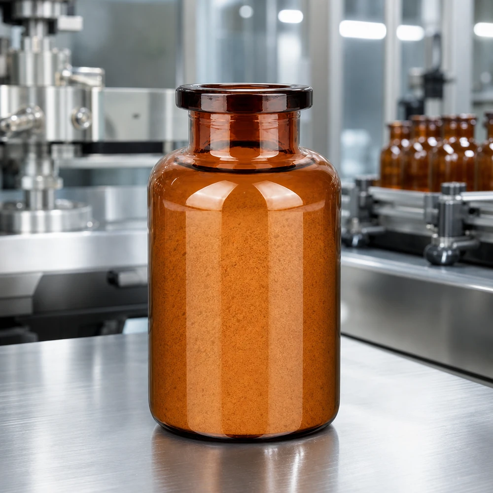 Injectiefles bruin glas 20ml Zylindrische Injektionsflasche 20ml Braunglas gefüllt mit orangem Lyophilisat