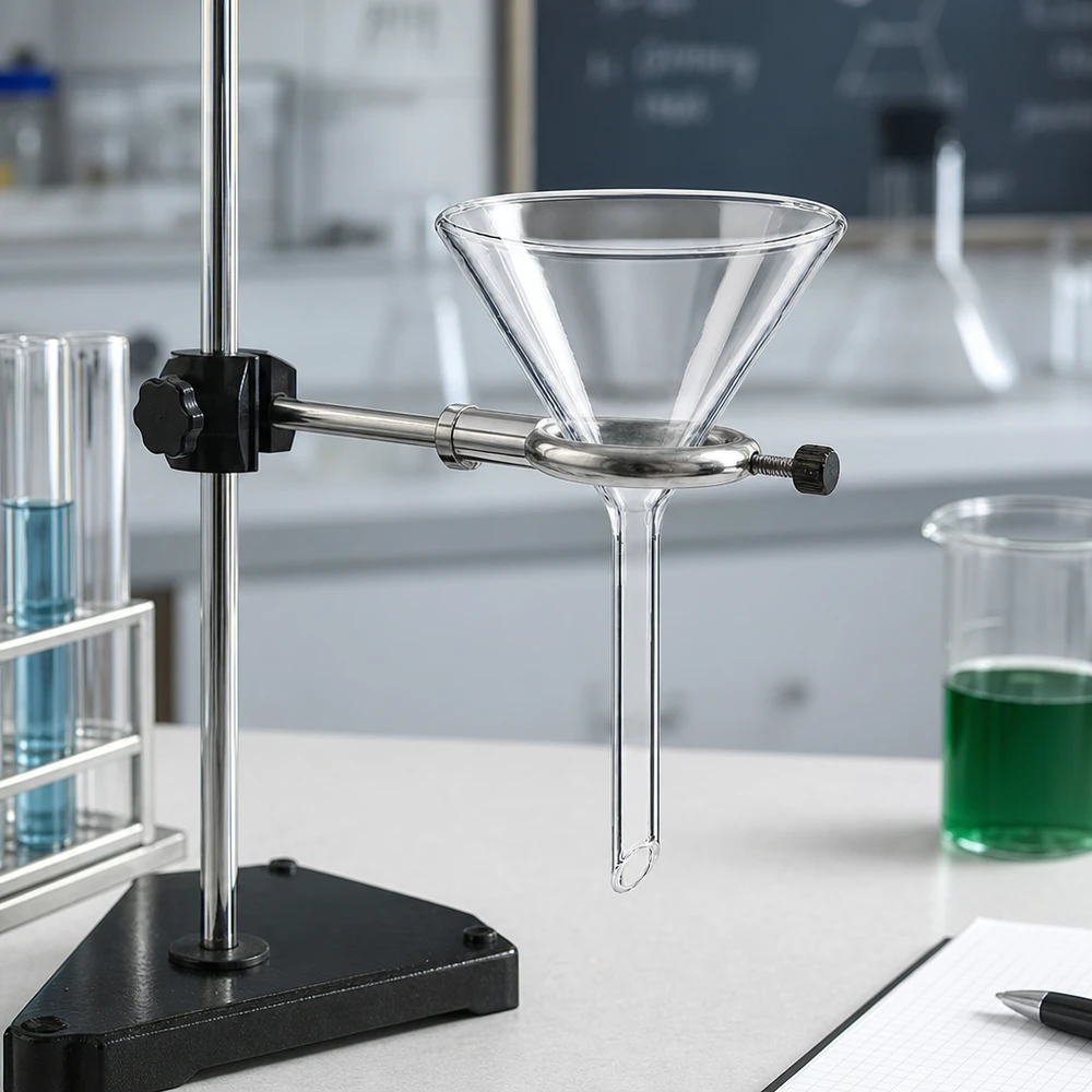 Glazen trechter Ø 60mm - kalk-soda-glas - 60° hoek Laboratorium trechter gemaakt van robuust soda lime glas met compact kort handvat voor ruimtebesparend opbergen