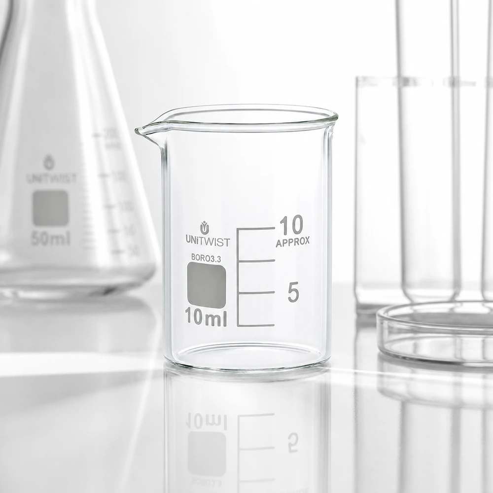 Beker 10ml borosilicaat, lage vorm UNiTWIST Professioneel laboratoriumglas: bekerglas van 10 ml, BORO 3.3, met tuit en schaalverdeling