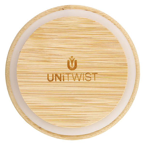 Bamboe deksel RR80 van boven met UNITWIST logo en zichtbare houtnerf voor WECK inmaakpotten 80mm diameter