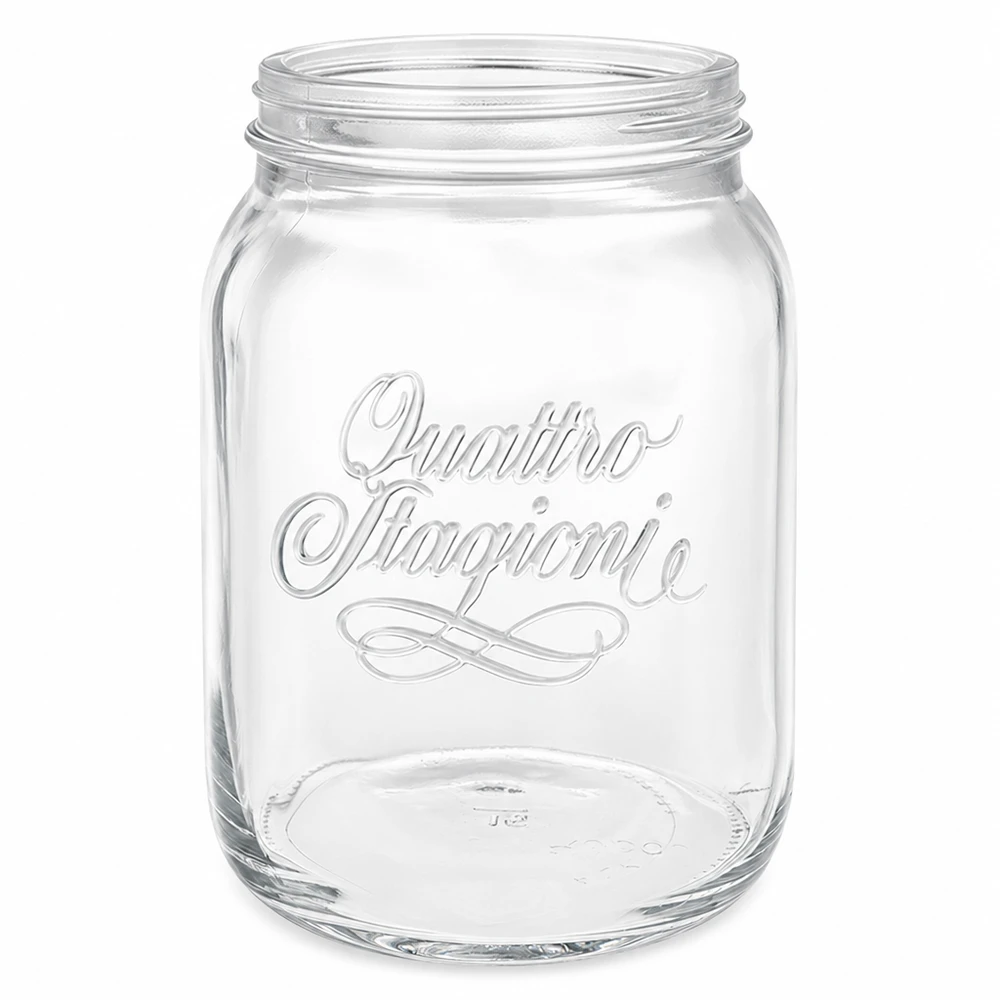 2000ml huishoudglas "Quattro Stagioni" Huishoudpot Quattro Stagioni 2000ml met logo Inmaakpot transparant zonder deksel op witte achtergrond
