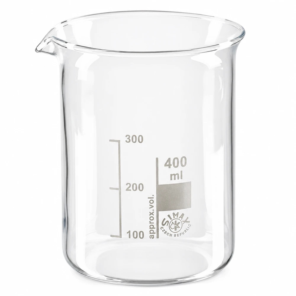 Bekerglas 400 ml van hittebestendig borosilicaatglas (laag model) Nauwkeurig 400 ml laboratoriumbekerglas van hittebestendig borosilicaatglas met milliliterverdeling