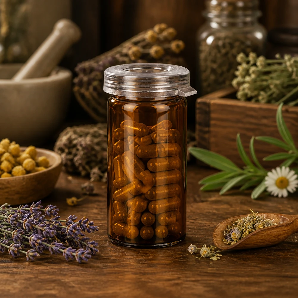 5ml tablettenglas helder glas incl. klikdeksel (rolrand glas) Glasflesje met oprolbare rand van 5 ml en kliksluiting, tussen gedroogde geneeskrachtige kruiden en een vijzel – Apotheek