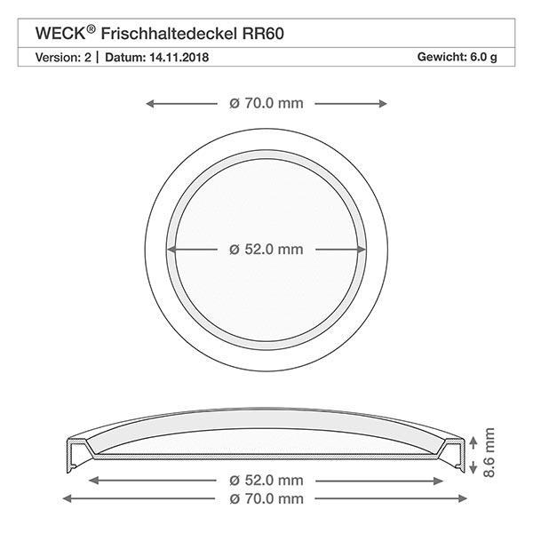 WECK vershoudend deksel RR60 Technische tekening WECK RR60 keep-fresh deksel met afmetingen 70mm buitendiameter 52mm binnendiameter