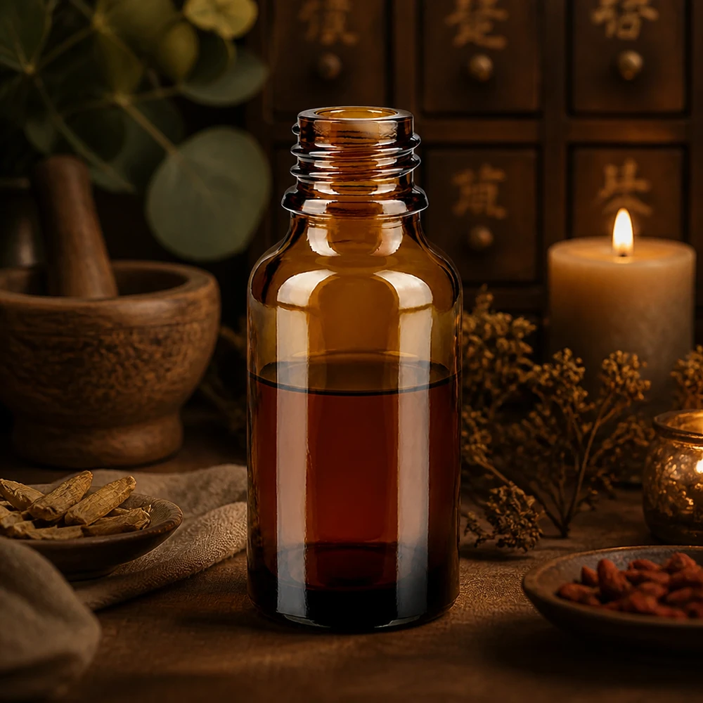 30ml bruine apothekersfles ApoGlas 30ml bruine apothekersfles ApoGlas met rode tinctuur in rustieke kruidenapotheek met vijzel en kruiden
