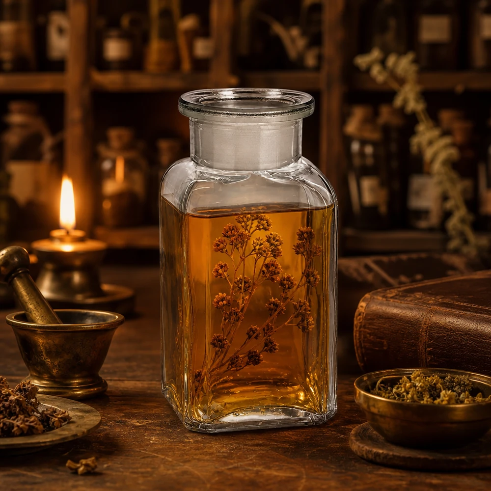 Vierkant-apothekersfles 100 ml wijde hals helder glas incl. glazen stop Historische apothekersfles van 100 ml, vierkant, van helder glas, gevuld met gedroogd kruidenextract