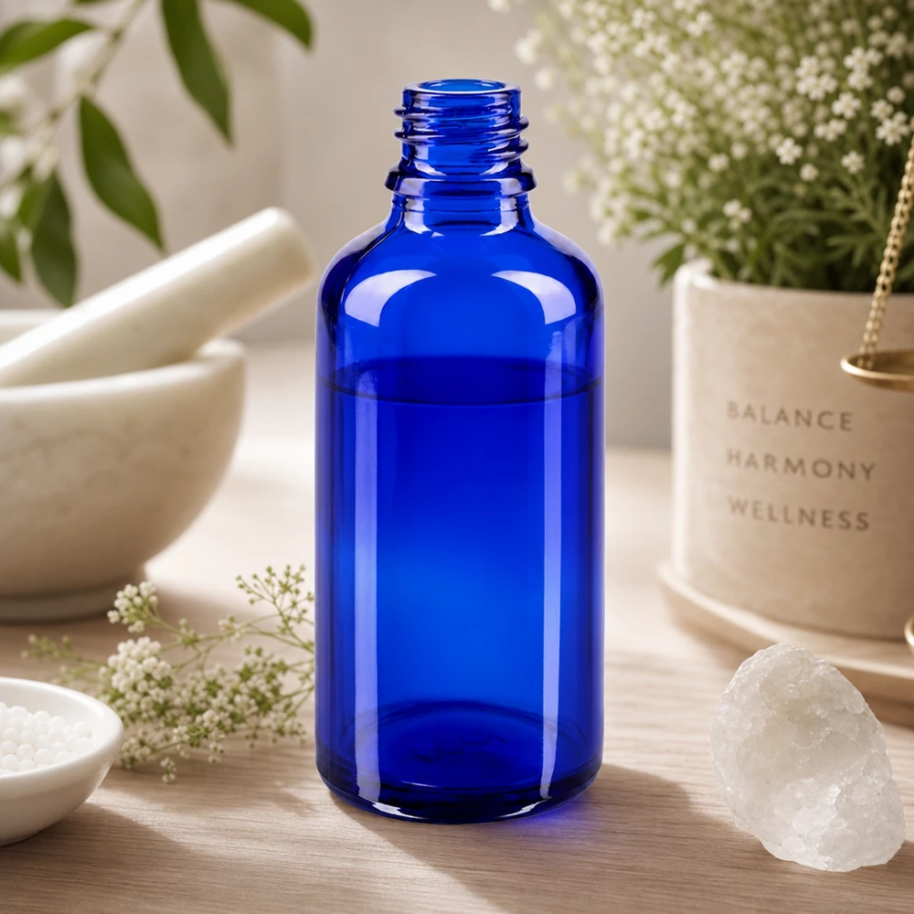 Blauwe glazen fles 50ml Stijlvolle blauwe 50ml ApoGlas glazen fles met klassieke apothekersvorm voor hoogwaardige bereidingen
