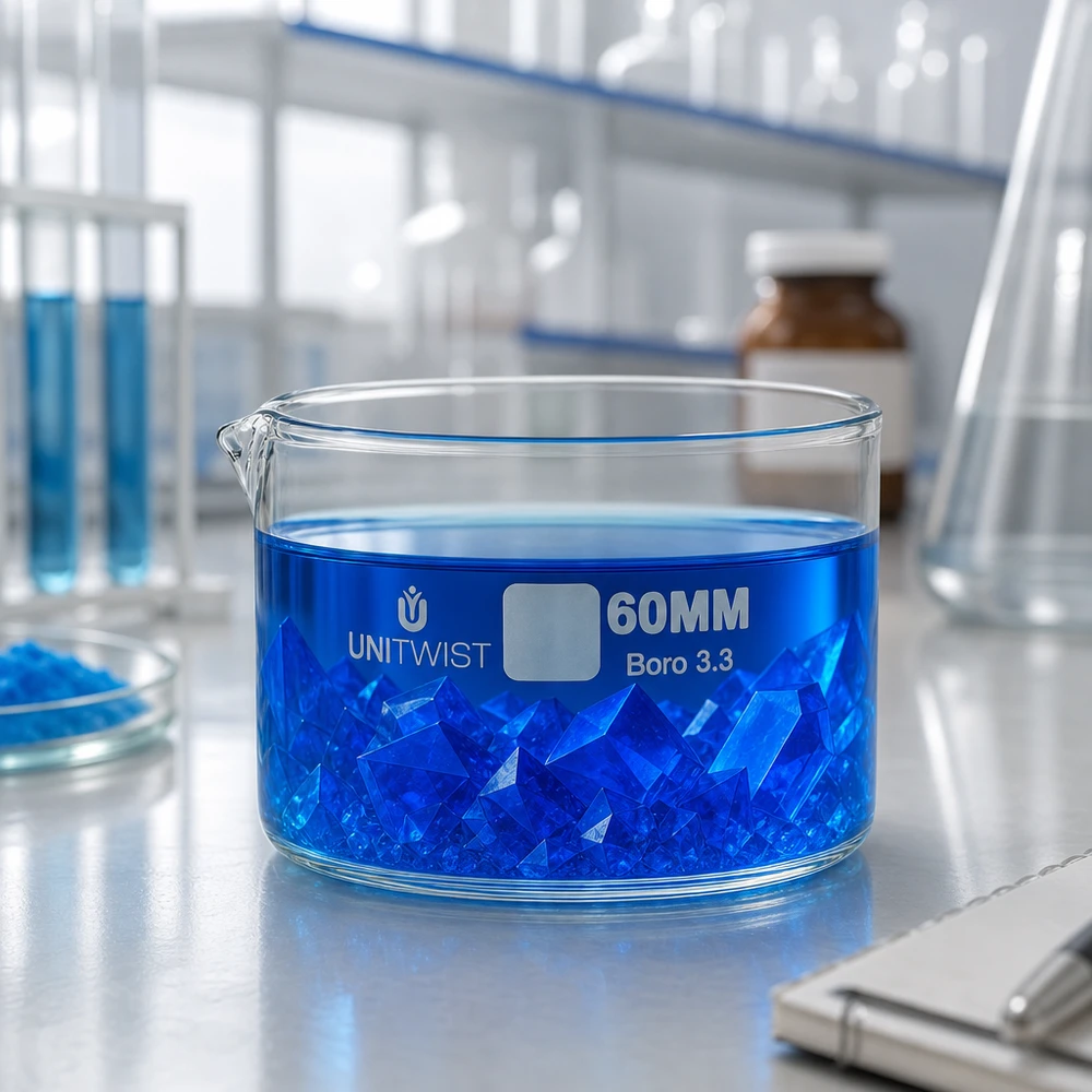 Kristalliseer schaal ø60mm borosilicaatglas UNiTWIST Lage glazen schaal met een diameter van 60 mm, hittebestendig borosilicaatglas, voor inverdamping en kristallisatie