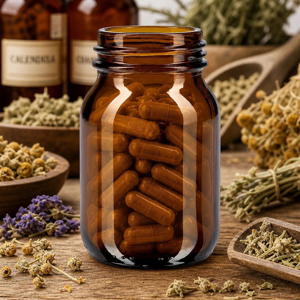 75ml amberkleurig glazen flesje met wijde hals en DIN 40 afwerking Amberkleurige glazen wijdhalsfles 75ml met DIN 40 hals, geschikt voor capsules en tabletten