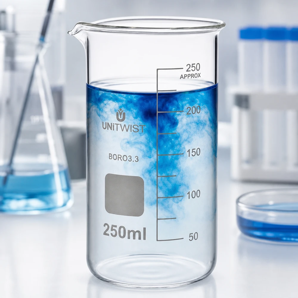 Beker 250ml borosilicaat, hoge vorm UNITWIST Laboratoriumbeker van borosilicaatglas, 250 ml, met wit schrijfveld en nauwkeurige ml-schaalverdeling