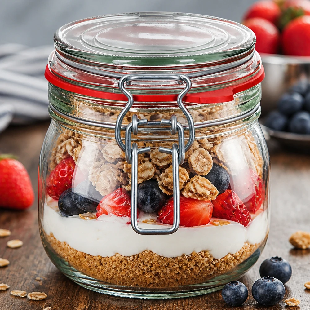 634 ml voorraadpot type G met beugelsluiting UN.. Inmaakpot van 634 ml met draaideksel, perfect voor overnight oats en muesli-creaties