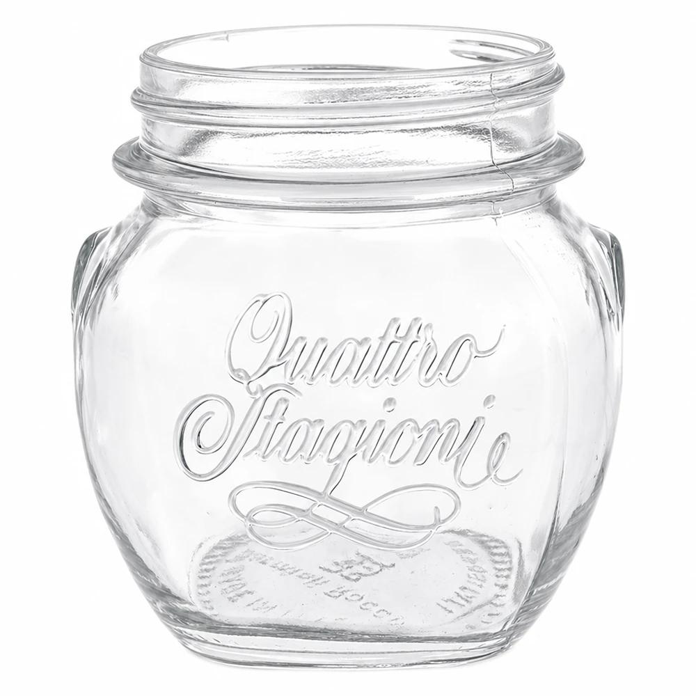 300ml huishoudglas "Quattro Stagioni" 300 ml Quattro Stagioni inmaakpot van helder glas met reliëflogo en schroefdraad voor inmaak