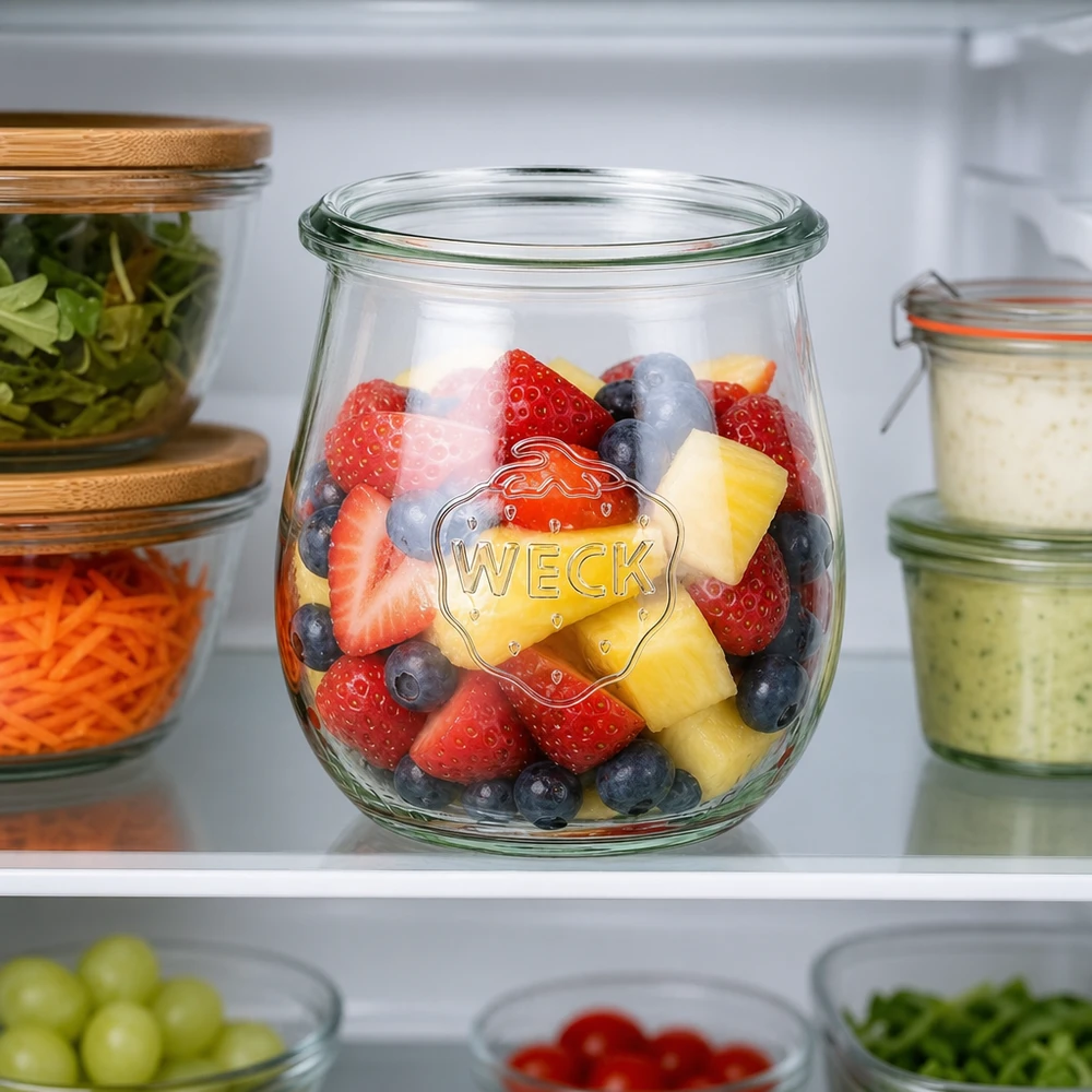 220ml tulpenpotten WECK RR60 WECK tulp pot 220ml RR60 in de koelkast met fruitsalade van aardbeien bosbessen ananas als een maaltijd prep container