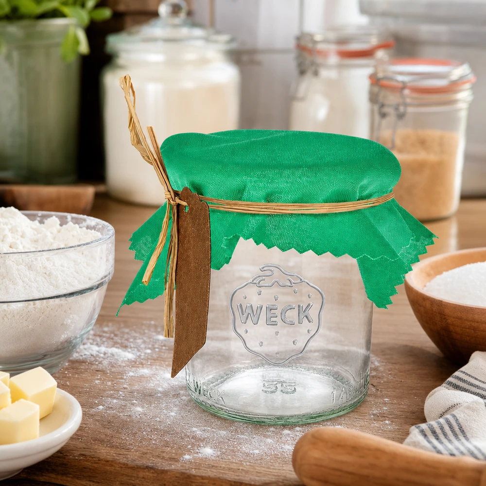 Stoffen lapje voor deksel groen 12cm hoekig Groene stoffen doily 12cm vierkant met raffia strik op pot tussen bak ingrediënten en bloem kommen