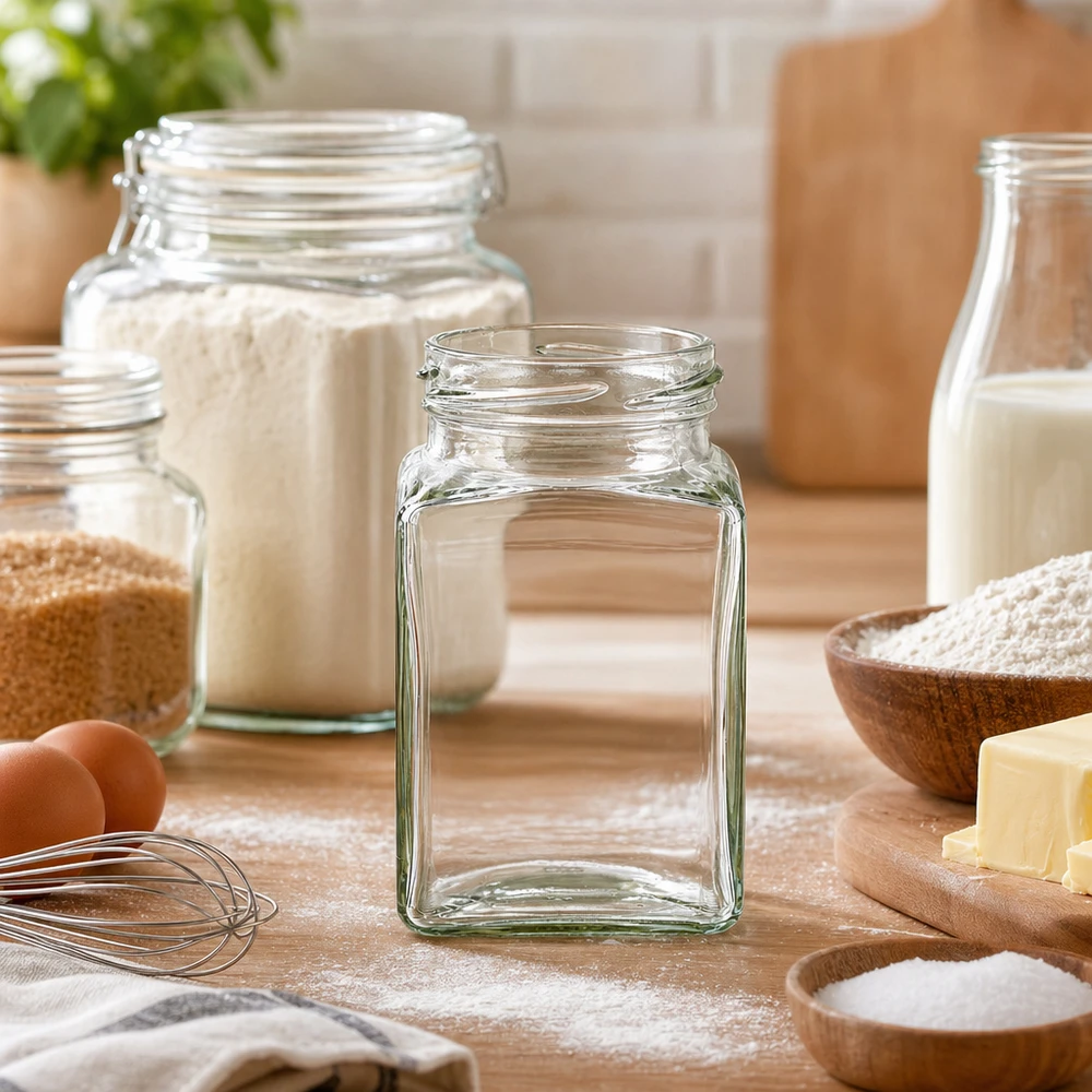 Lege UNiTWIST Tetra260 4-hoekige pot 260ml TO58 op keukenblad met bakingrediënten en voorraadpotten