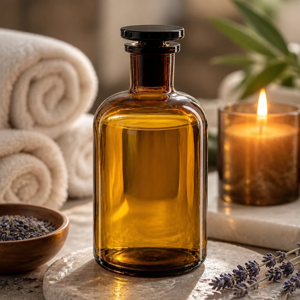 Apothekersfles 500 ml nauwe hals bruin glas incl. glazen stop Vintage bruine glazen fles met ronde schouders, 500 ml, smalle hals, glazen stop, natuurlijke cosmetica, wellness