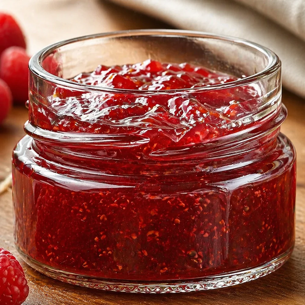 UNiTWIST Runda80 ronde pot 80ml TO58deep gevuld met rode jam op een houten basis met bessen