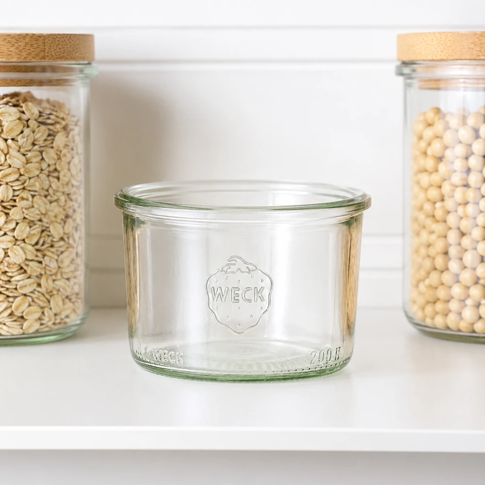 WECK RR80-pot van 200 ml 200ml WECK RR80 bekers met logo op wit schap naast voorraadpotten met granen en peulvruchten