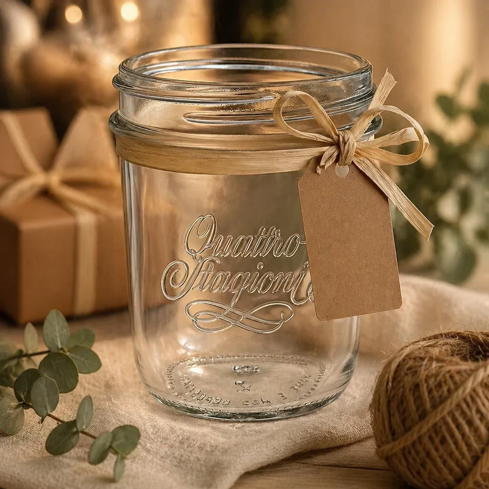320ml "Quattro Stagioni" beker QS86mm 320 ml Quattro Stagioni inmaakpot met lint en cadeaulabel als decoratie op een rustieke houten tafel