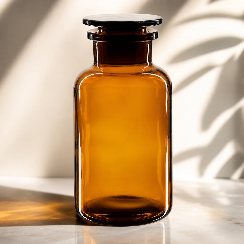 Apothekersfles 500 ml wijde hals bruin glas incl. glazen stop Breedhals-bewaarfles van 500 ml in bruin glas met glazen stop voor veilige bewaring