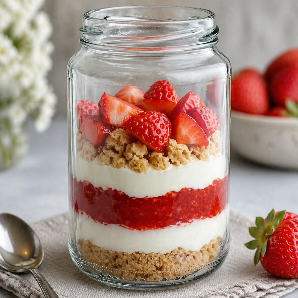 UNiTWIST Runda375 rond glas 375ml als dessertglas met gelaagd dessert aardbeien room en hagelslag decoratief geserveerd