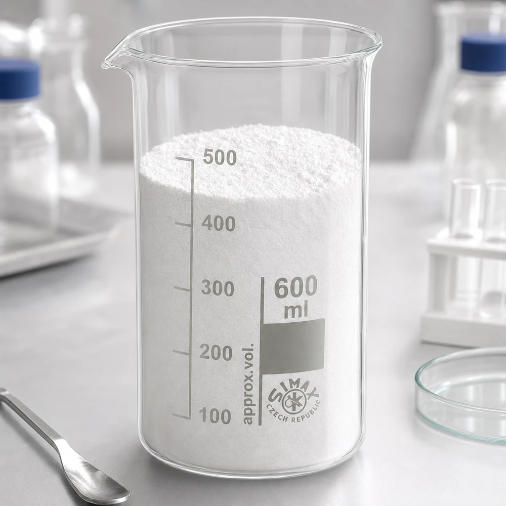 Bekerglas 600 ml van hittebestendig borosilicaatglas (hoog model) Hoog bekerglas, vorm 600 ml, van helder borosilicaatglas, gevuld met korrelig wit laboratoriumpoeder