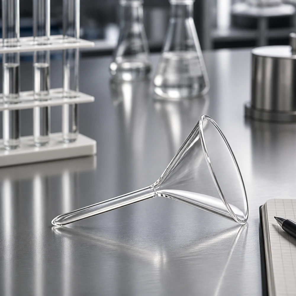 Glazen trechter Ø 55mm - borosilicaat 3.3 - 60° hoek Korte laboratoriumtrechter van borosilicaatglas met een diameter van 55 mm voor nauwkeurig decanteren