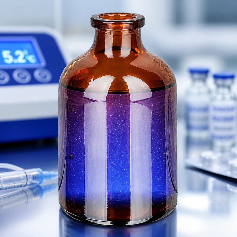 Injectiefles bruin glas 50ml Injektionsflasche Braunglas 50ml mit violett schimmerndem Inhalt und Temperaturgerät im Hintergrund