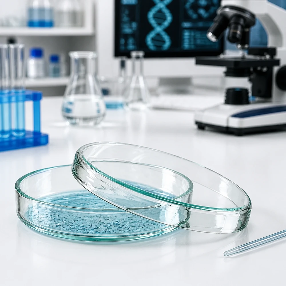 Laboratoriumpetrischaal van glas, 80 x 15 mm, naast een microscoop en een Erlenmeyer-kolf op een wit werkblad